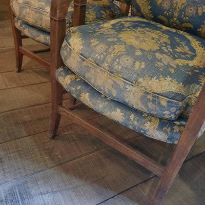 A PAIR OF WALNUT FABRIC CHAIRS SOLD